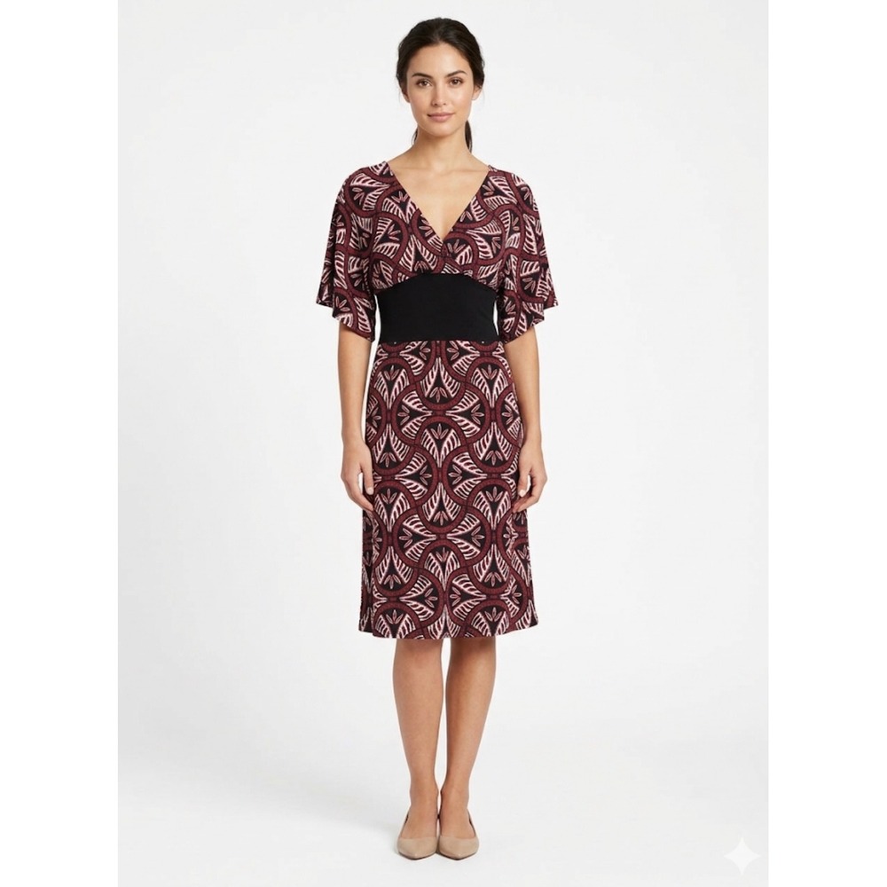 Bisou  Bisou  Womens 8 Red Black Geometric Faux Wrap Flutter Sleeve Midi Dress m